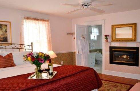 Large bedroom with king bed, gas fireplace and door open to a bathroom with two white hanging robes