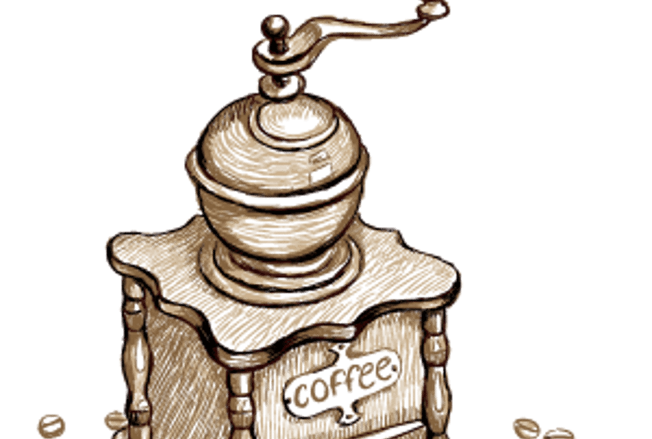 Drawing of an antique brown coffee grinder