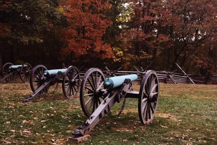 Three antique cannons in a field with an old wooden fence and tall trees